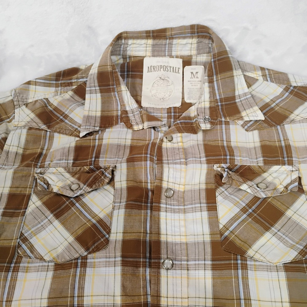 Aeropostale Men M Brown Plaid Western Pearl Snap Short Sleeve Shirt Rockabilly V